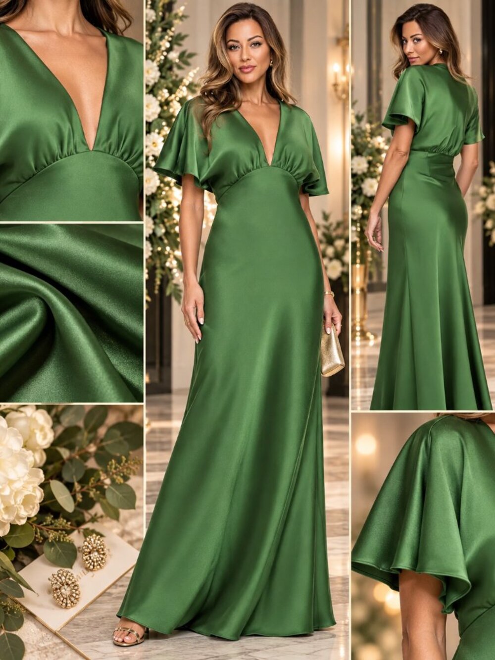 Betsy & Adam Moss Green Satin V Neck Flutter Sleeve Gown Size 8 NWT